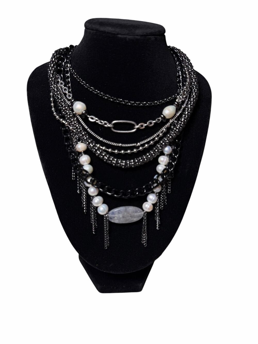 Free People Jeanie Pearl Layered Choker Stacked Chains Pearls Statement Jewelry
